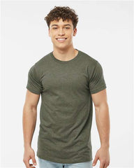 A man wearing a Tultex Unisex Fine Jersey T-Shirt 100% Cotton made of pre-shrunk cotton and jeans.