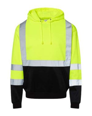 A Kishigo Hi-Vis Hoodie Safety Sweatshirt with reflective stripes.