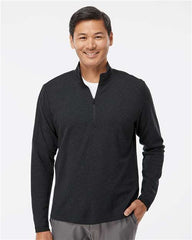 A man is smiling while wearing an Adidas 3-Stripes Quarter-Zip Sweatshirt with adjustable ventilation.
