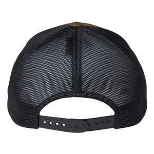 A black Flexfit 110 Mesh-Back Trucker Hat with a Snapback closure on a white background.