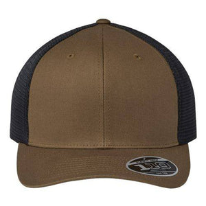 A brown and black Flexfit 110 Mesh-Back Trucker Hat with a Permacurv® visor and Snapback closure.