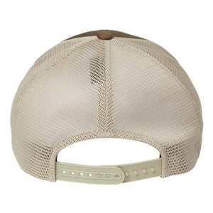 A beige and brown Flexfit 110 Mesh-Back Trucker Hat featuring a Permacurv® visor on a white background.