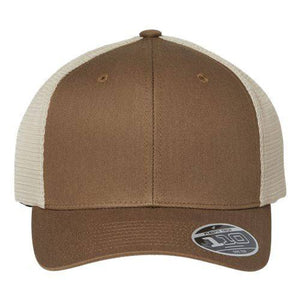 A brown Flexfit 110 Mesh-Back Trucker Hat with a Permacurv® visor and Snapback closure.