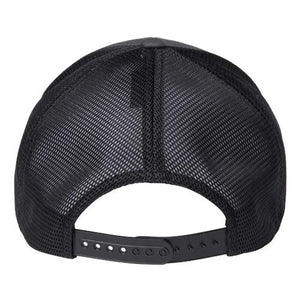 This black mesh trucker hat features a Permacurv® visor and Snapback closure, Flexfit 110 Mesh-Back Trucker Hat - Custom Leather Patch Hat.