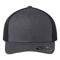 The Flexfit 110 Mesh-Back Trucker Hat with a Permacurv® visor is shown on a white background.
