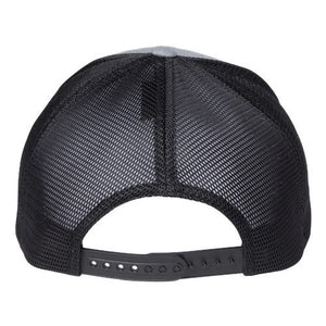 A black Flexfit 110 Mesh-Back Trucker Hat with a Permacurv® visor on a white background.