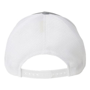 A white Flexfit 110 Mesh-Back Trucker Hat with a grey stripe on the side.