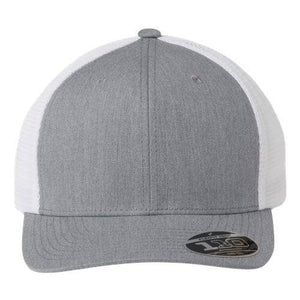 A grey and white Flexfit 110 Mesh-Back Trucker Hat with a Permacurv® visor and Snapback closure.