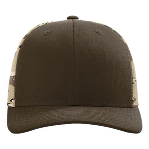 A brown snapback hat with camouflage patterns on a white background, the Richardson 112PM Printed Mesh Trucker Cap with Custom Leather Patch Hat offers no minimal ordering and volume tiered pricing.