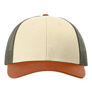 A structured beige Richardson 115 Low Pro Snapback Trucker Cap with a snapback closure on a white background.