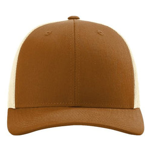 A brown and white Richardson 115 Low Pro Snapback Trucker Cap with snapback closure.