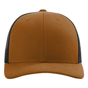 A structured brown Richardson trucker hat with black trim, featuring a snapback closure.