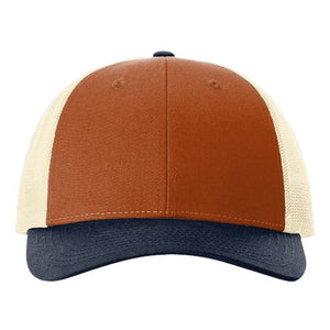 A structured Richardson 115 Low Pro Snapback Trucker Cap with a brown and navy color, made of a cotton/polyester blend.