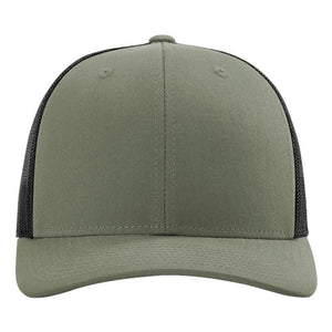A Richardson 115 Low Pro Snapback Trucker Cap in a green and black color scheme, featuring a snapback closure.