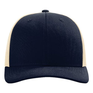 A structured navy and tan Richardson 115 Low Pro Snapback Trucker Cap with snapback closure on a white background.