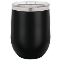 The Kodiak Coolers BLANK ITEM - Insulated 12 oz Wine Cup in black stainless steel with a clear lid is shown on a white background, ideal for promotional gifts or custom logo mugs.