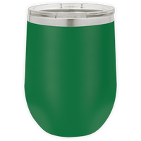 The Kodiak Coolers BLANK ITEM - Insulated 12 oz Wine Cup features green stainless steel and a clear plastic lid, ideal for promotional gifts or custom logo mugs, shown on a white background.
