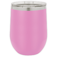 The BLANK ITEM - Insulated 12 oz Wine Cup by Kodiak Coolers features a pink exterior, stainless steel body, and clear plastic lid—ideal for promotional gifts or personalized mugs, displayed against a white background.