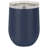The BLANK ITEM - Insulated 12 oz Wine Cup by Kodiak Coolers is a navy blue stainless steel tumbler with a silver rim and clear lid, ideal for promotional gifts or personalized mugs, displayed on a white background.