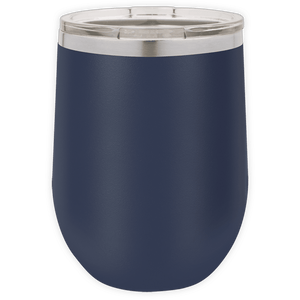 The BLANK ITEM - Insulated 12 oz Wine Cup by Kodiak Coolers is a navy blue stainless steel tumbler with a silver rim and clear lid, ideal for promotional gifts or personalized mugs, displayed on a white background.