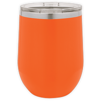 The Kodiak Coolers BLANK ITEM - Insulated 12 oz Wine Cup is an orange, stainless steel tumbler with a clear removable lid, ideal for custom logo mugs or promotional gifts, displayed on a white background.