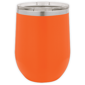 The Kodiak Coolers BLANK ITEM - Insulated 12 oz Wine Cup is an orange, stainless steel tumbler with a clear removable lid, ideal for custom logo mugs or promotional gifts, displayed on a white background.