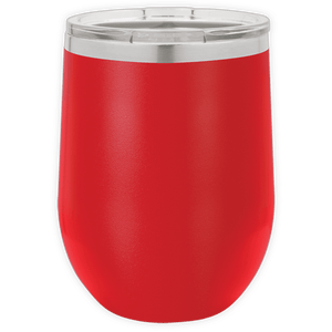 The Kodiak Coolers BLANK ITEM - Insulated 12 oz Wine Cup, a stainless steel red tumbler with a clear plastic lid, ideal for personalized or custom logo mugs, is displayed against a white background.