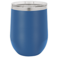 The BLANK ITEM - Insulated 12 oz Wine Cup by Kodiak Coolers is a blue stainless steel tumbler with a clear plastic lid, ideal for personalized mugs or promotional gifts, shown against a white background.