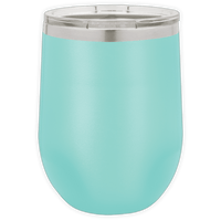 The BLANK ITEM - Insulated 12 oz Wine Cup by Kodiak Coolers is a turquoise stainless steel tumbler with a clear plastic lid, ideal for promotional gifts or custom logo mugs, shown on a white background.