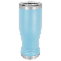 The Kodiak Coolers BLANK ITEM - 14 oz Insulated Pilsner Glass features light blue stainless steel, a clear lid, and silver bands—ideal for custom mugs or logo promotional gifts.