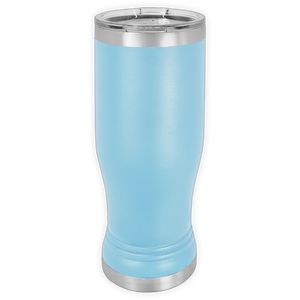The Kodiak Coolers BLANK ITEM - 14 oz Insulated Pilsner Glass features light blue stainless steel, a clear lid, and silver bands—ideal for custom mugs or logo promotional gifts.