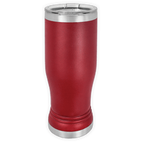 The Kodiak Coolers BLANK ITEM - 14 oz Insulated Pilsner Glass features a curvy red stainless steel design, clear plastic lid, and silver accents—ideal for custom mugs or unique logo promotional gifts.