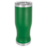 The Kodiak Coolers BLANK ITEM - 14 oz Insulated Pilsner Glass is a green stainless steel tumbler with a clear lid and silver accents—ideal as a logo promotional gift or for anyone wanting stylish custom drinkware.