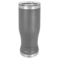 The Kodiak Coolers BLANK ITEM - 14 oz Insulated Pilsner Glass, in gray stainless steel with a clear plastic lid, stands upright on a white background—ideal for custom mugs or logo promotional gifts.