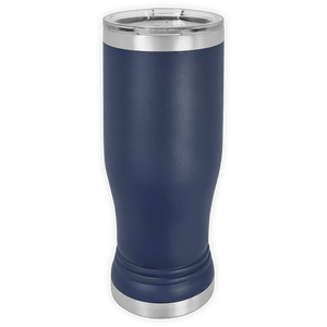 The BLANK ITEM - 14 oz Insulated Pilsner Glass by Kodiak Coolers is a navy blue, stainless steel tumbler with a clear plastic lid—great for custom mugs or logo promotional gifts—shown upright against a white background.
