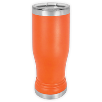 The Kodiak Coolers BLANK ITEM - 14 oz Insulated Pilsner Glass is a tall orange tumbler with stainless steel rim and base, a clear plastic lid—ideal for logo promos or custom mugs—shown upright on a white background.