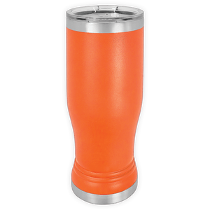 The Kodiak Coolers BLANK ITEM - 14 oz Insulated Pilsner Glass is a tall orange tumbler with stainless steel rim and base, a clear plastic lid—ideal for logo promos or custom mugs—shown upright on a white background.