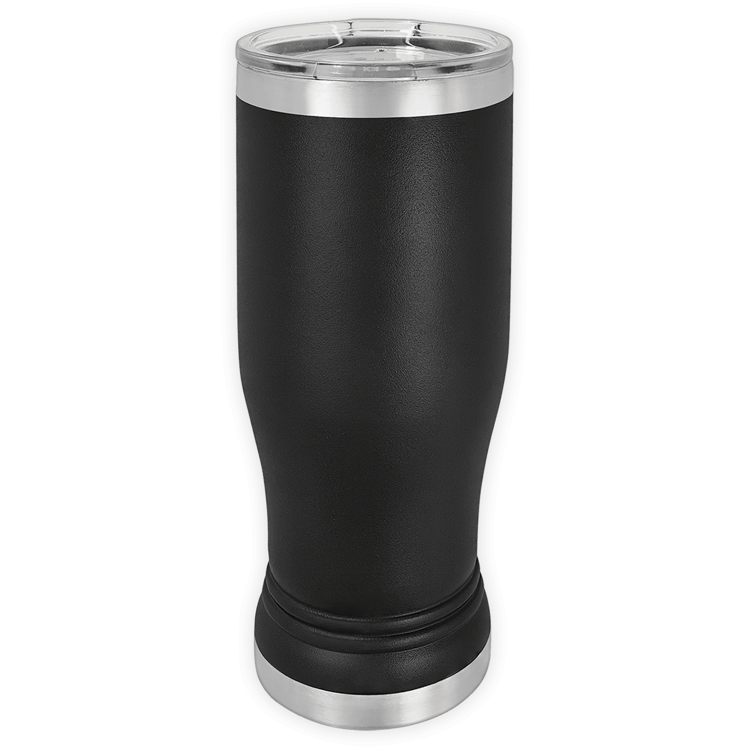 A BLANK ITEM - 14 oz Insulated Pilsner Glass by Kodiak Coolers in black stainless steel with a clear plastic lid stands upright on a white background—ideal for custom mugs or logo promotional gifts.