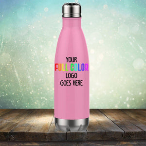 A pink stainless steel Custom UV Printed Drinkware - ONE TIME SPECIAL OFFER by Kodiak Coolers with the customizable text "Your Full Color Logo Goes Here," standing on a wooden surface against a sparkling background. Ideal for engraving, it complements our range of tumblers and coffee mugs perfectly.