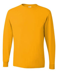 A yellow Jerzees Midweight Dri-Power Long Sleeve 50/50 T-Shirt made of cotton/polyester fabric, designed with moisture-management performance.