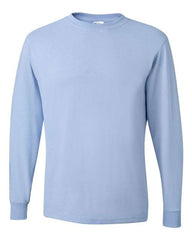 A JERZEES light blue long-sleeved Jerzees Midweight Dri-Power Long Sleeve 50/50 T-Shirt made with a cotton/polyester blend.