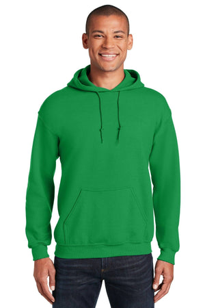 Smiling man wears a bright green Gildan Heavy Blend™ 18500 hoodie (Pack of 36) with custom screen printed logo, front pocket, and drawstrings, paired with dark jeans against a white background.