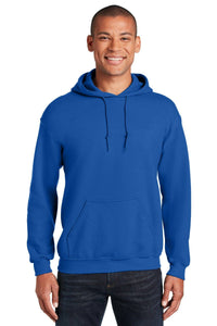 A person wearing a Gildan Heavy Blend™ Hooded Sweatshirt 18500 with a custom screen printed logo, made with sustainable manufacturing, front pocket, bright blue color, and dark jeans smiles at the camera.