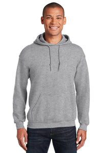 A person wearing a plain gray Gildan Heavy Blend™ 18500 hoodie, featuring a front pocket and drawstrings, smiles at the camera. This pack of 36 sweatshirts includes custom screen printed logos for sustainable comfort and style.