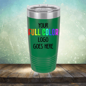 A green tumbler with a metallic lid is displayed against a blurred background. The words "Your Full Color Logo Goes Here" are printed on the tumbler, showcasing the potential for personalized Custom UV Printed Drinkware - Single Side Printing Included in Price by Kodiak Coolers in your collection.