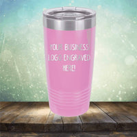 Promotional gift Custom Logo 20 oz Tumbler with logo engraved placement on a wooden surface against a bokeh background.