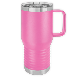 Pink Kodiak Coolers 20 oz Insulated Travel Tumbler with Built in Handle, custom printed with logo, with stainless steel base and clear lid.