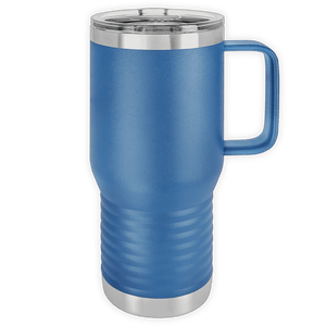 Stainless steel insulated travel mug, custom printed with logo, with a blue finish and handle.
Product Name: Kodiak Coolers 20 oz Insulated Travel Tumbler with Built in Handle