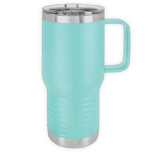 Insulated travel mug with a handle and stainless steel base, custom printed with logo. 
Product Name: Kodiak Coolers - 20 oz Insulated Travel Tumbler with Built in Handle