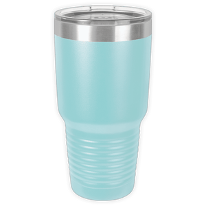 The Kodiak Coolers BLANK ITEM - Insulated 30 oz Tumbler features light blue stainless steel, a clear plastic lid, and a ribbed grip—ideal for personalized or custom mugs to display your unique style wherever you go.